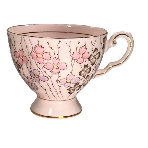 Vtg Tuscan Hand Painted Pink Floral Tea Cup Saucer English Pedestal Gold Trim - Picture 5 of 13